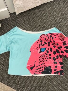 Aqua Crop Top with Pink Leopard Graphic wide neck (off shoulder look)